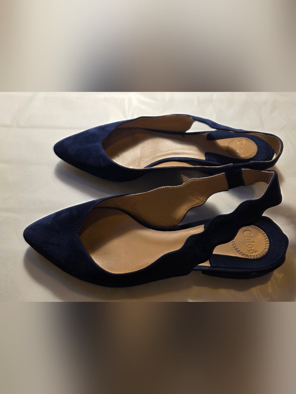 Chloé Laurena Navy Suede Scallop Slingback Flats EU 38.5 Pointed Toe Ballet Shoe - Picture 8 of 9